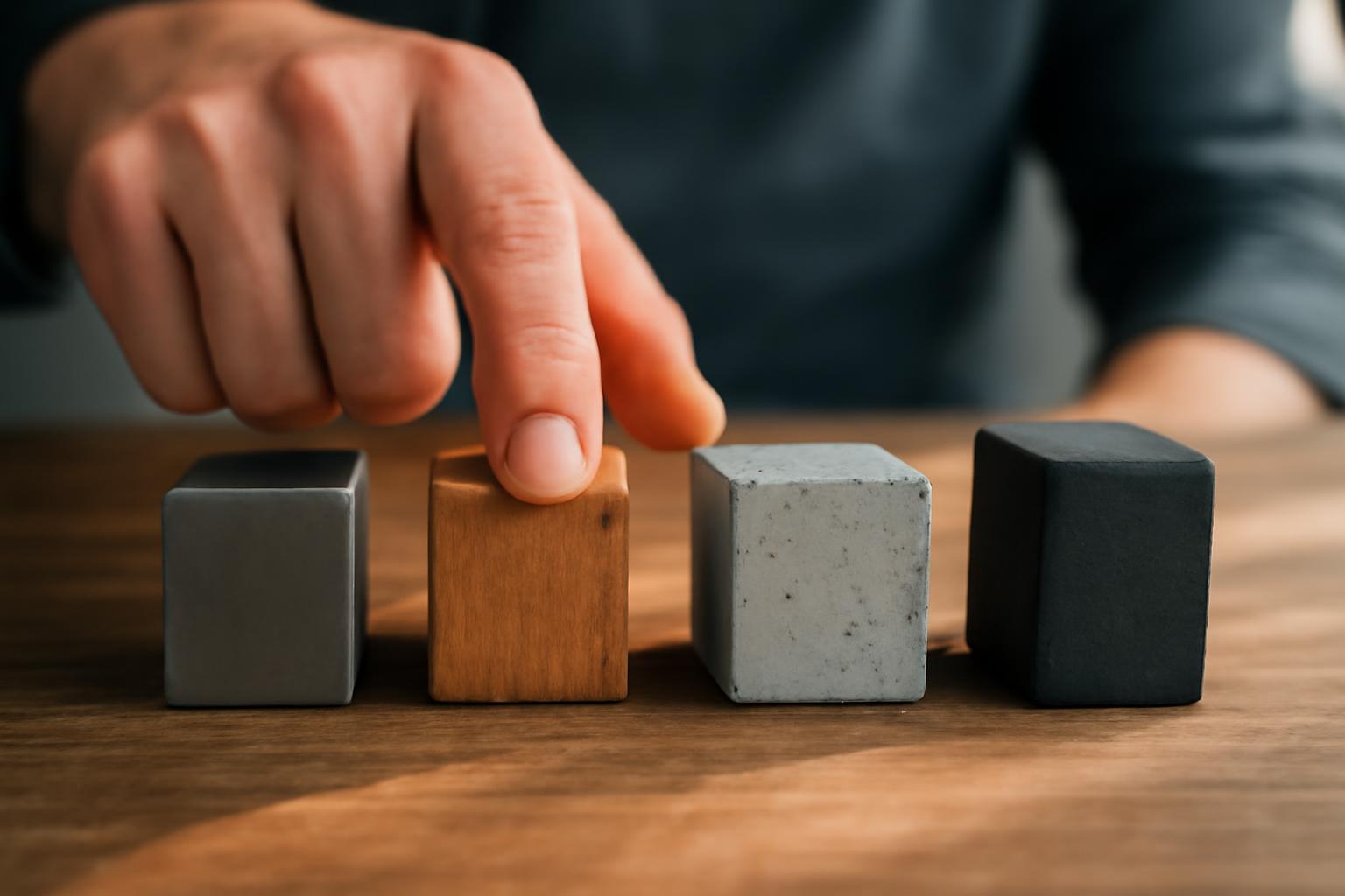 Egy kéz négy különböző anyagból készült kockát érint, bemutatva a súrlódás mértékét.