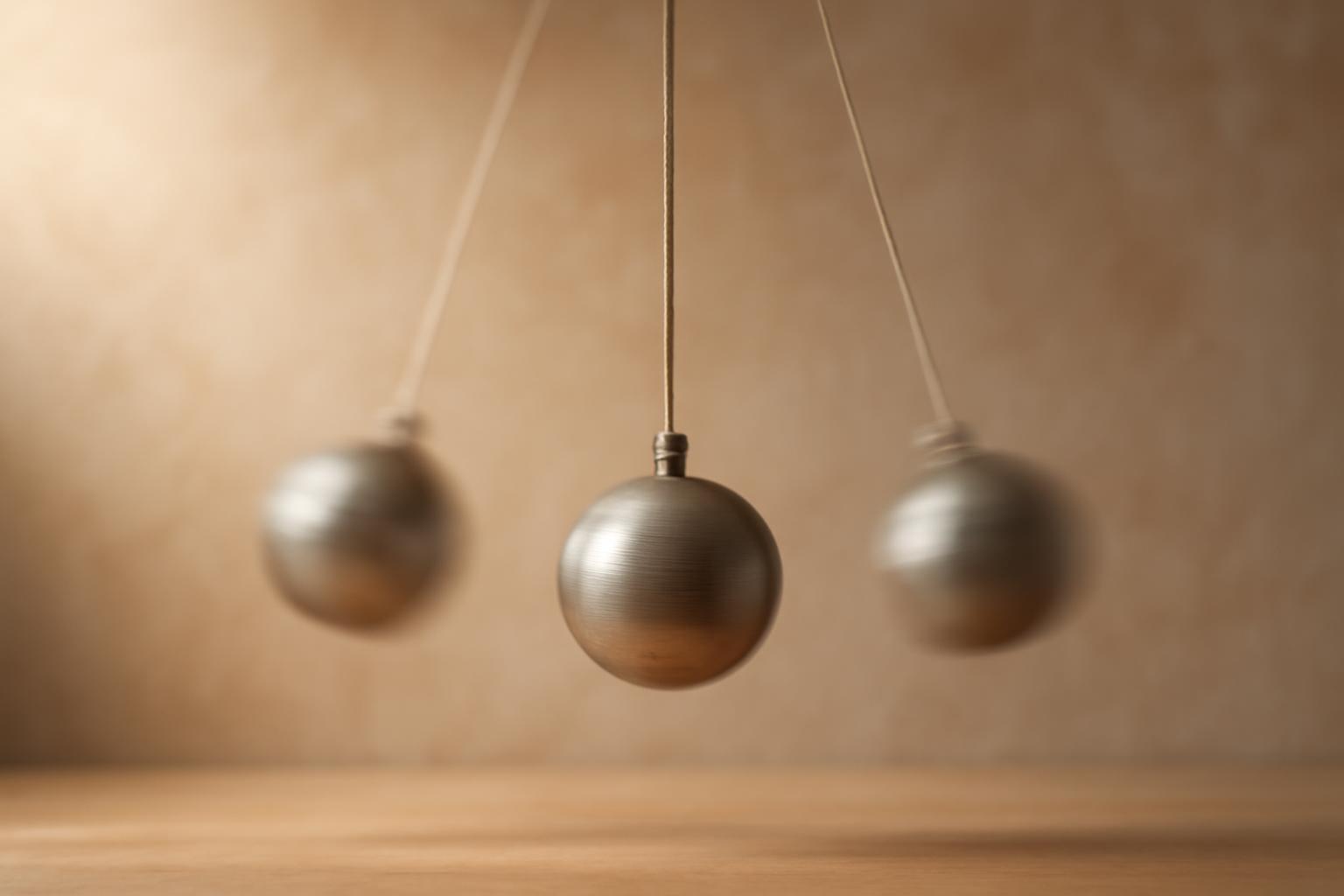 Három fém inga, amelyek harmonikus rezgőmozgást végeznek, egy asztalon.