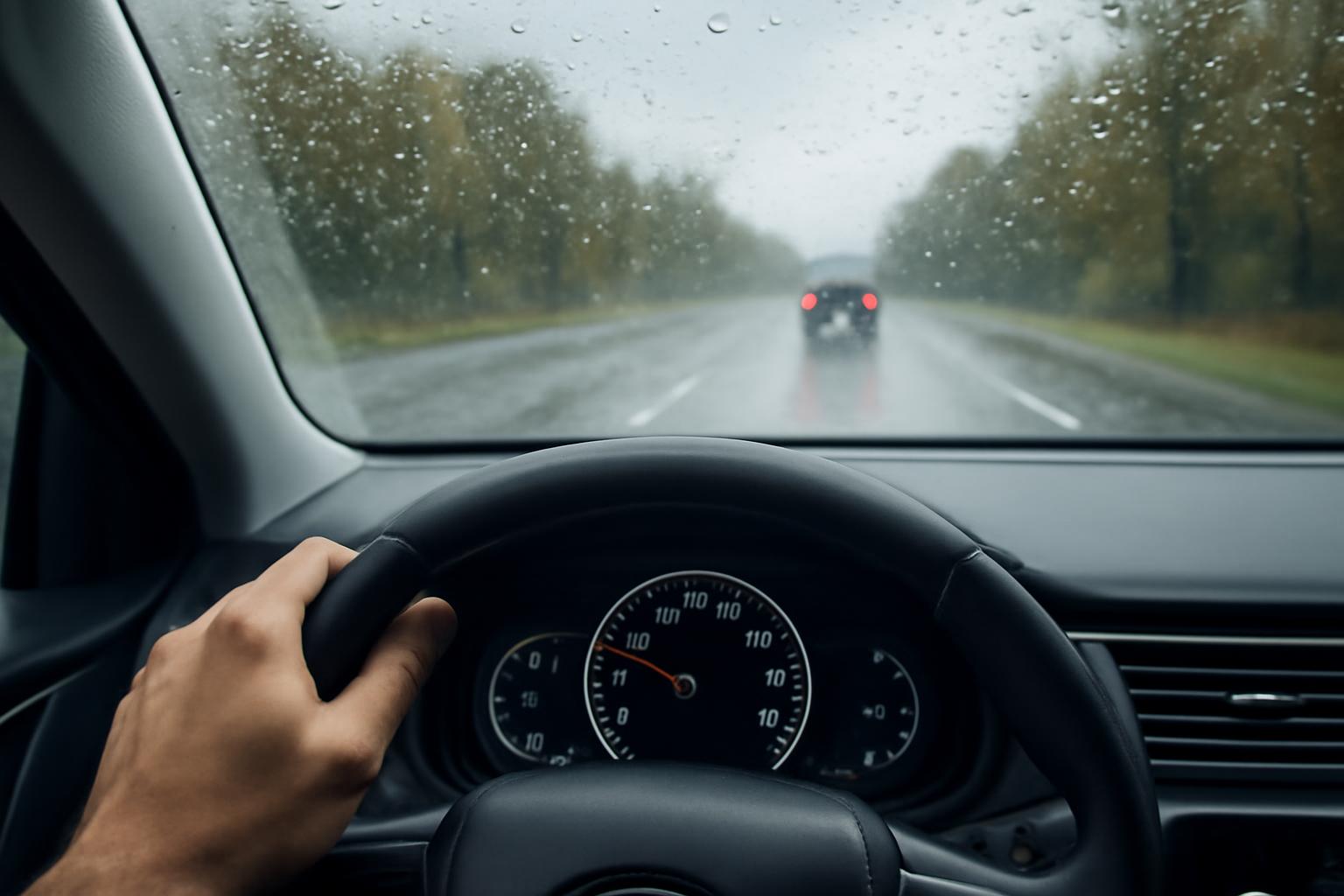Esős időben, autóvezetés közben látható a nedves útfelület és a távolban haladó jármű.