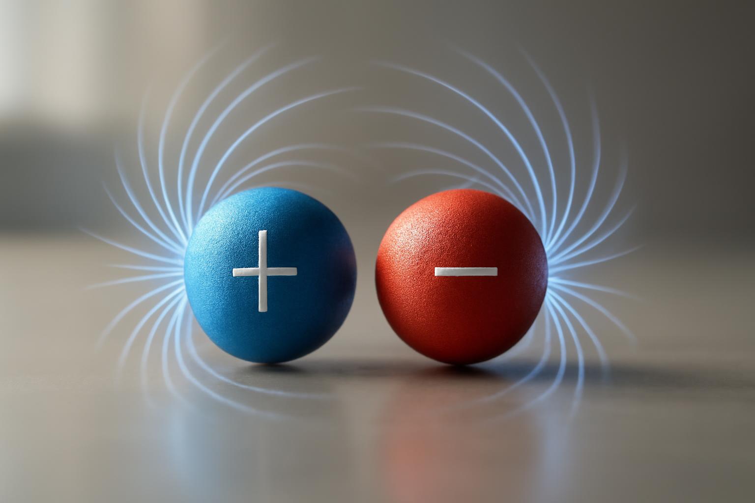Két színes gömb, az egyik kék pozitív, a másik piros negatív töltéssel, elektromos mező vonalakkal.