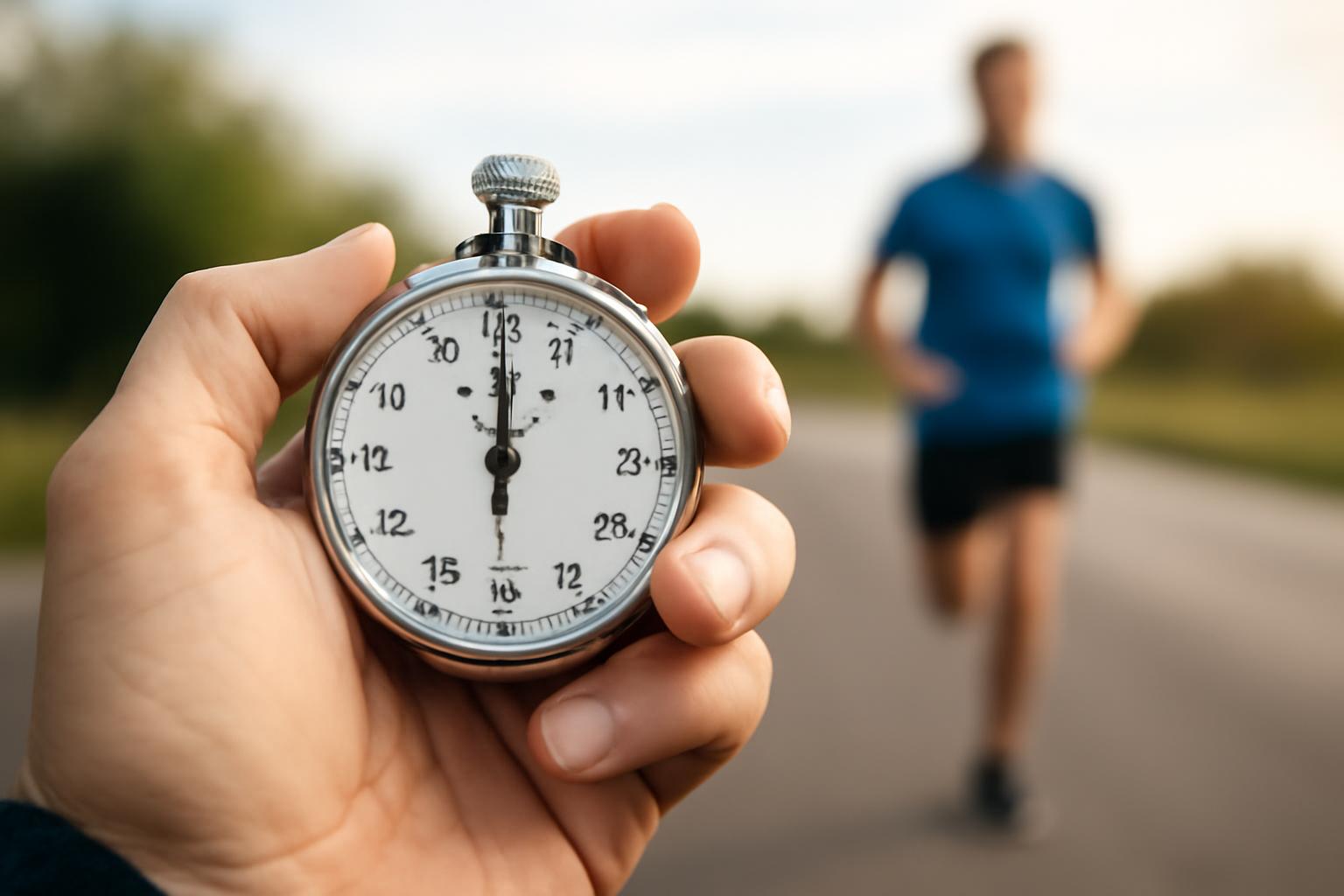 Egy kézben tartott stopperóra, miközben egy futó halad a háttérben.