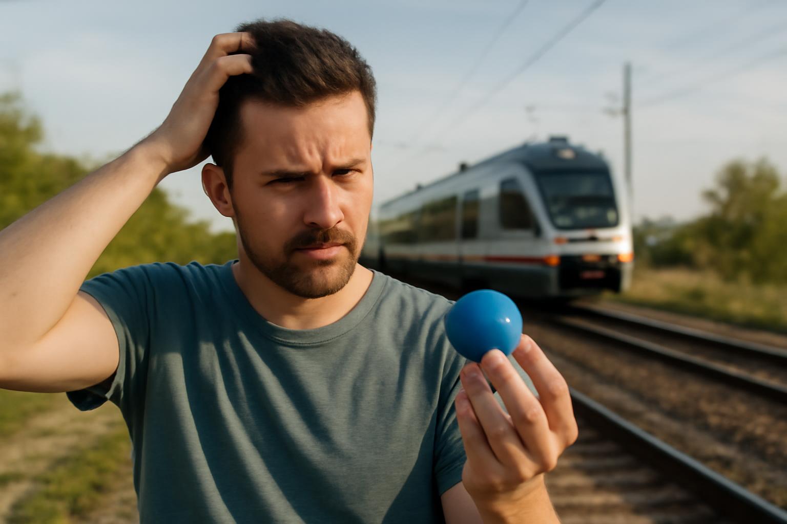 Egy férfi a vonat mellett áll, kezében egy kék golyóval, gondolkodva a mozgásról.