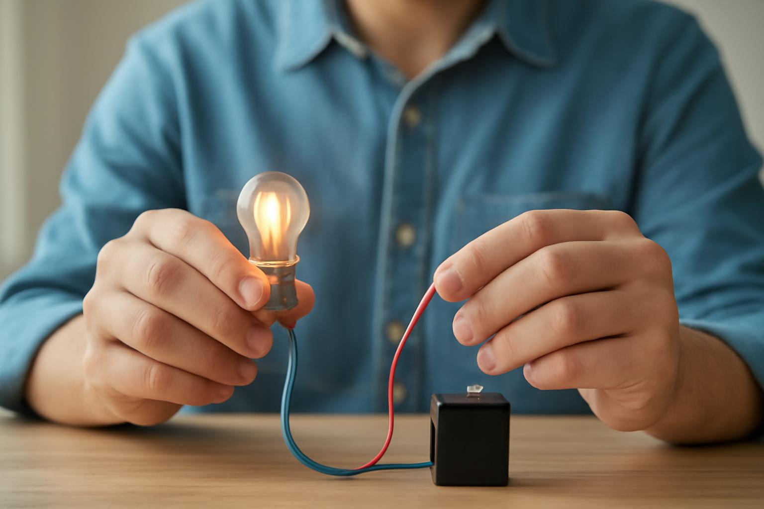 Két kéz egy izzót tart, amely egy elemhez csatlakozik, világítva.