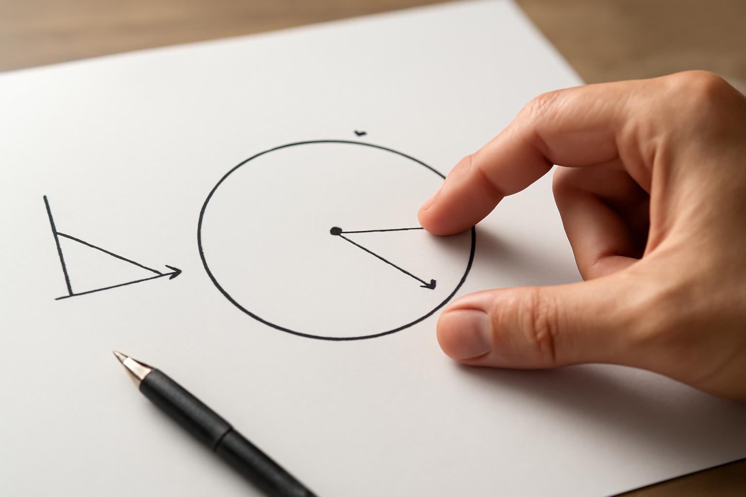 Körmozgás ábrázolása, kéz mutat a kör középpontjára és sugárra.