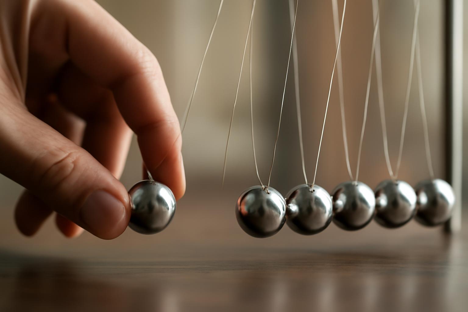 Egy kéz egy fémgolyót tart, mellette öt másik golyó lóg egy keretről.