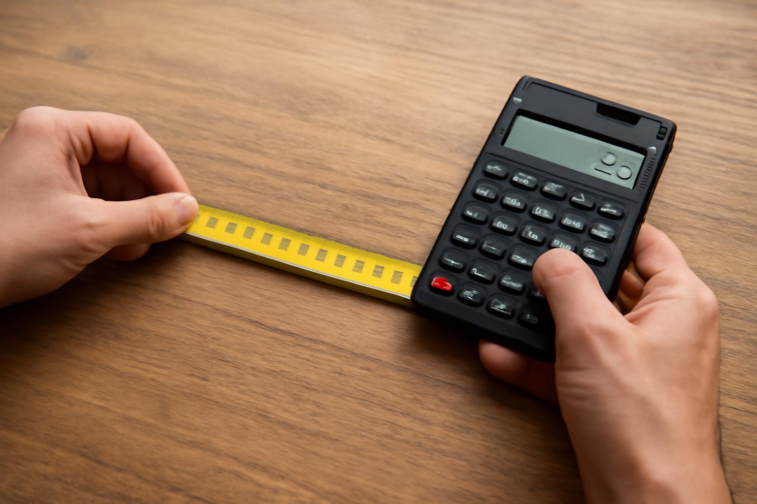 Kézben tartott mérőszalag és számológép, az út és elmozdulás méréséhez.