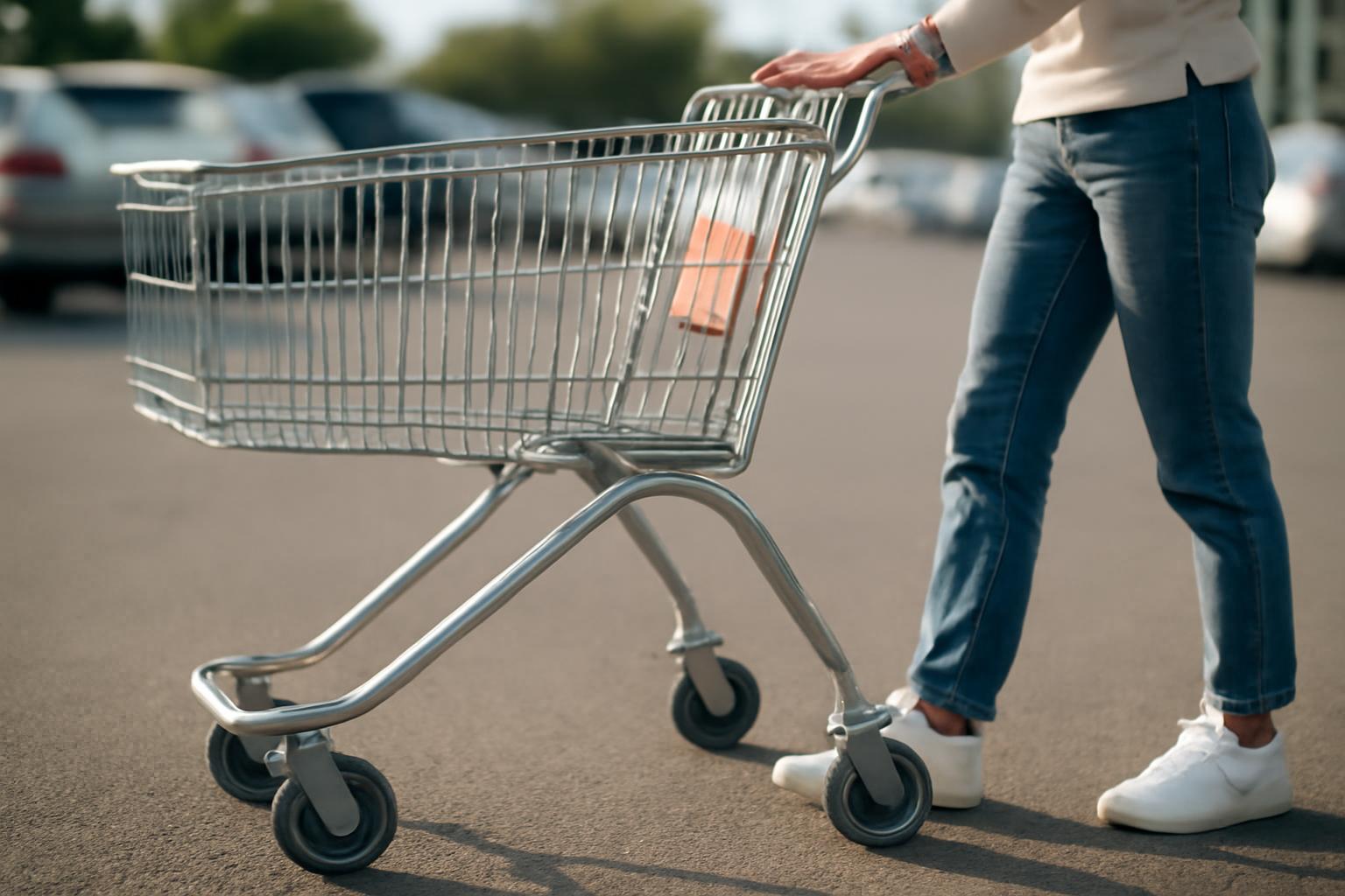 Egy ember egy bevásárlókocsit tol a parkolóban, jól látható a mozgás és az erőhatás.