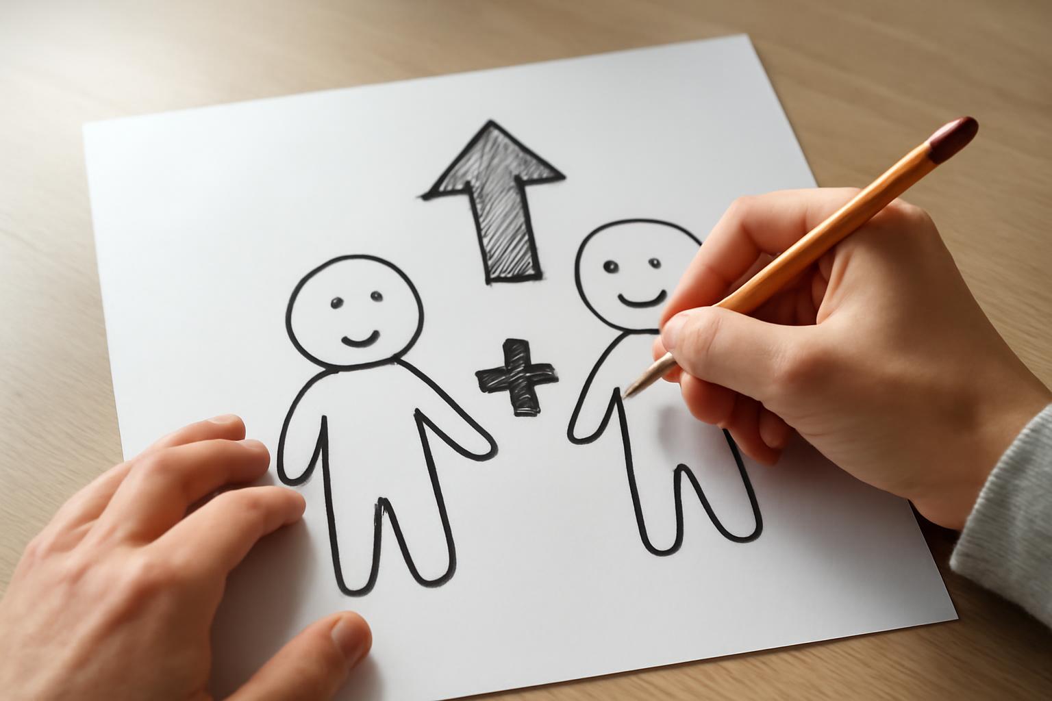 Két egyszerű emberi figura és egy felfelé mutató nyíl látható egy papíron, amely az erők összeadását illusztrálja.