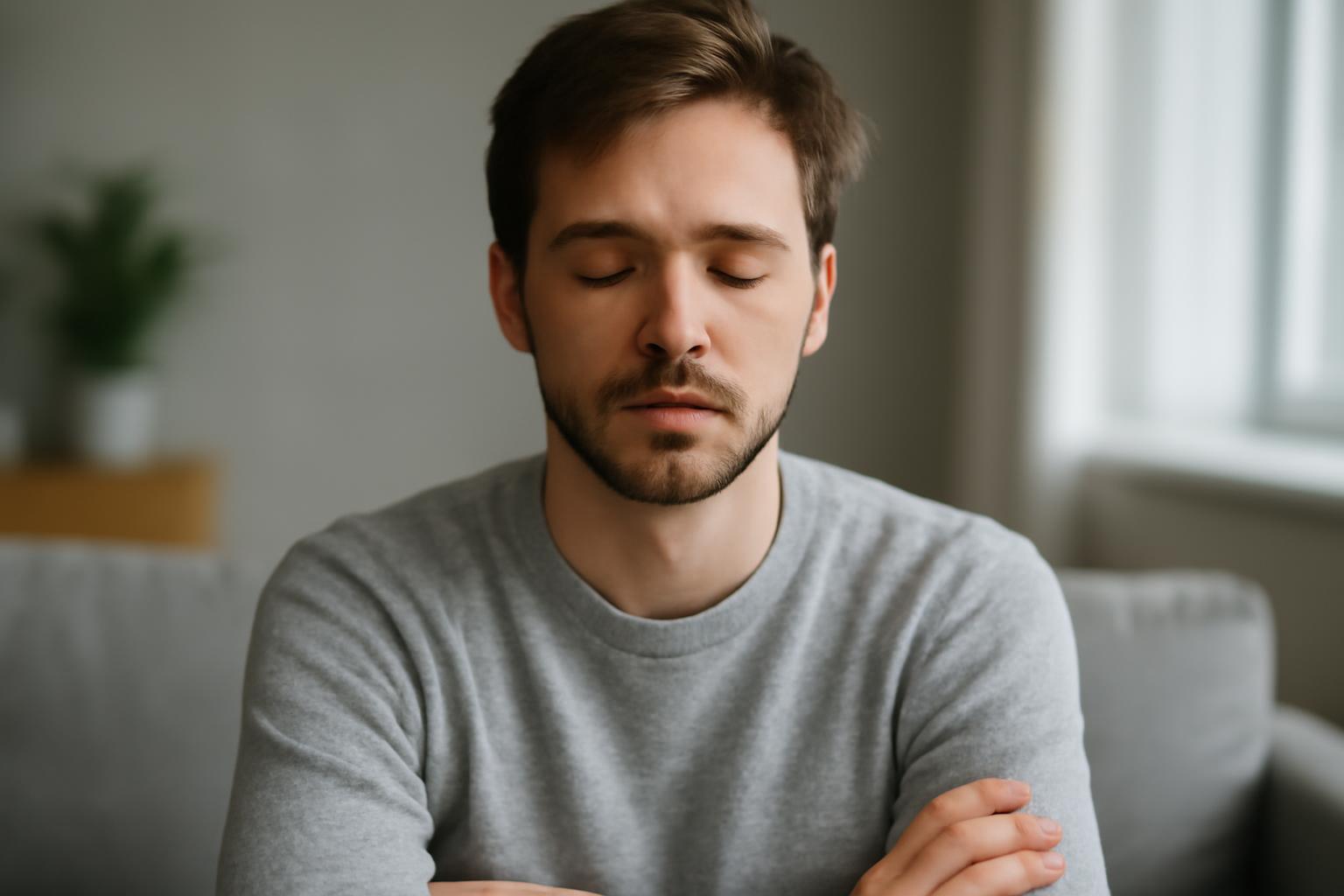 Egy fiatal férfi meditál, arca nyugodt, a háttérben világos szoba látható.