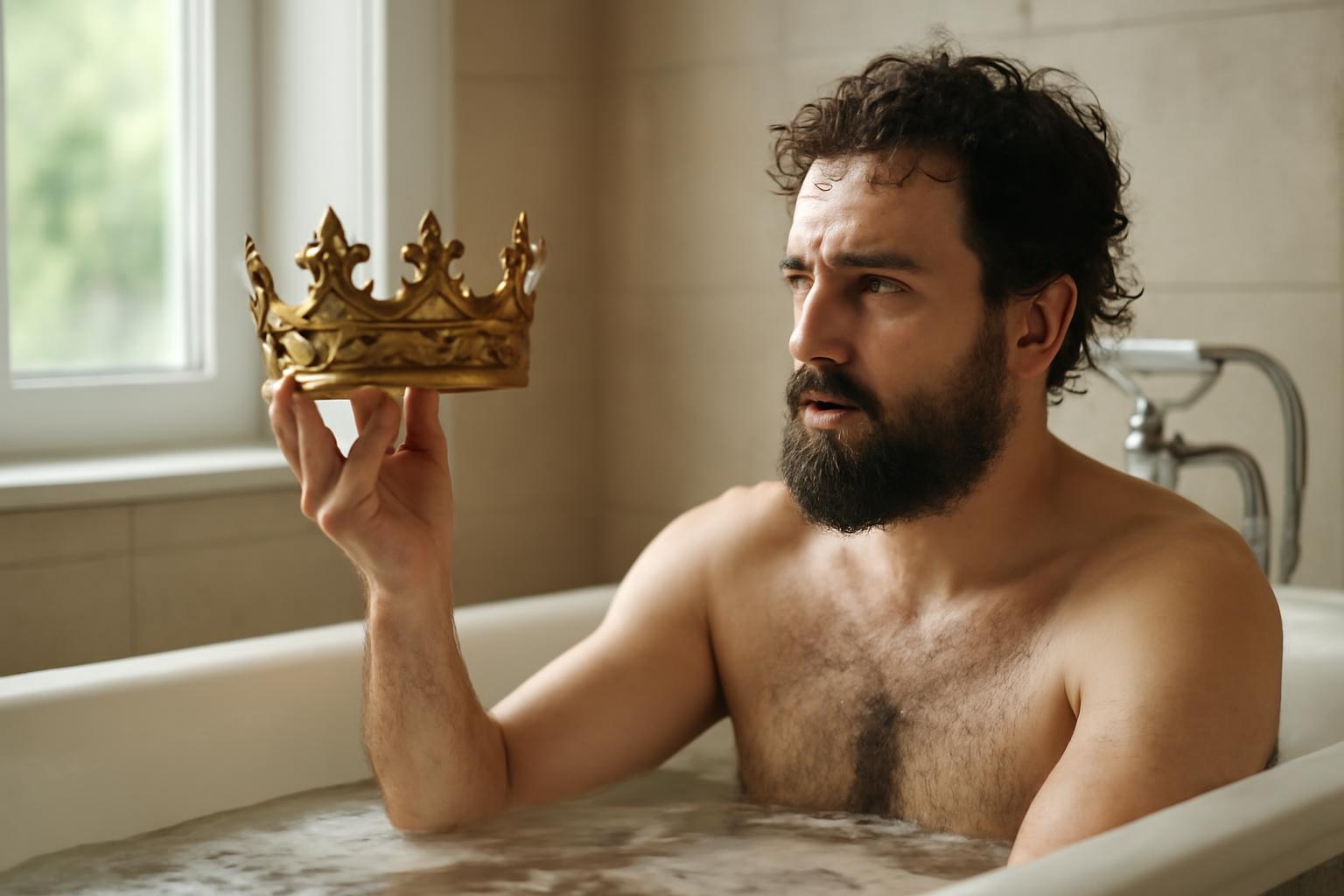 Egy férfi a kádban tart egy arany koronát, miközben a vízben ül.