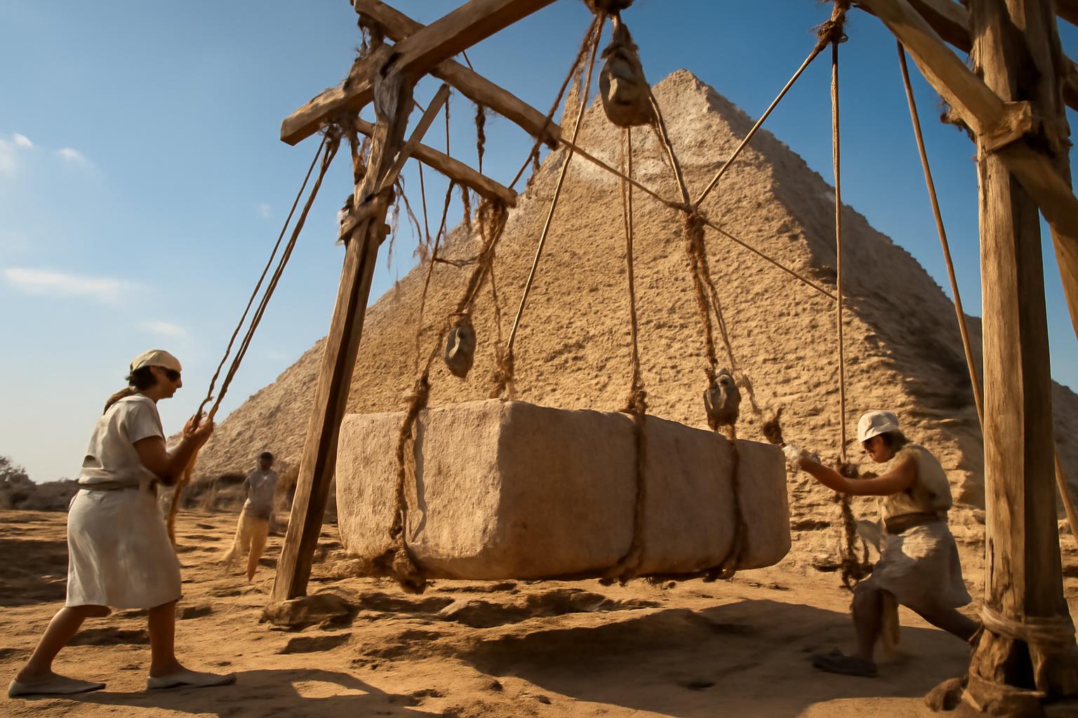 Két munkás egy csigasor segítségével emel egy nagy kőtömböt a piramis építése során.