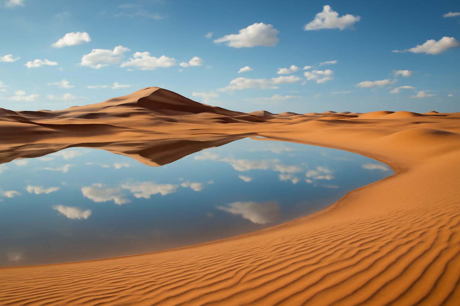 A sivatagban egy vízfelület tükrözi az eget és a felhőket.