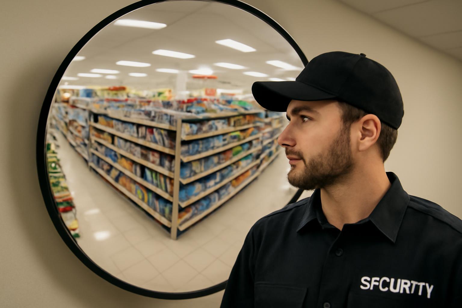 Domború tükörben látható bolt belső területe és biztonsági őr.