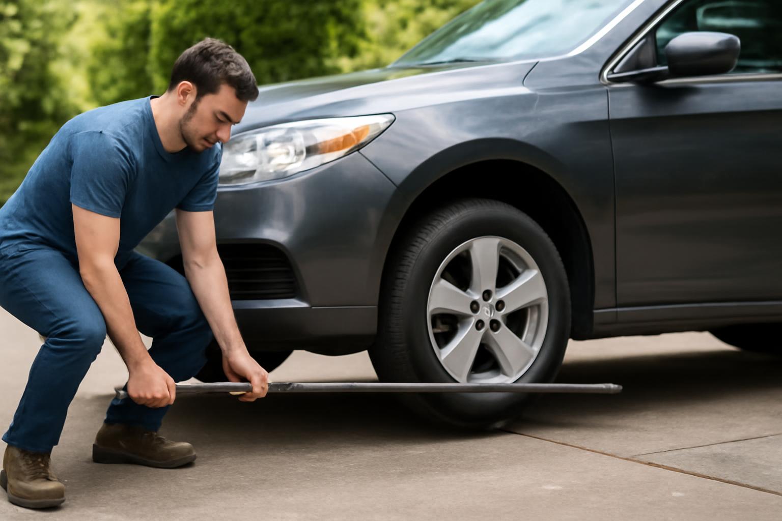 Egy férfi egy hosszú rúddal próbálja megemelni az autót.