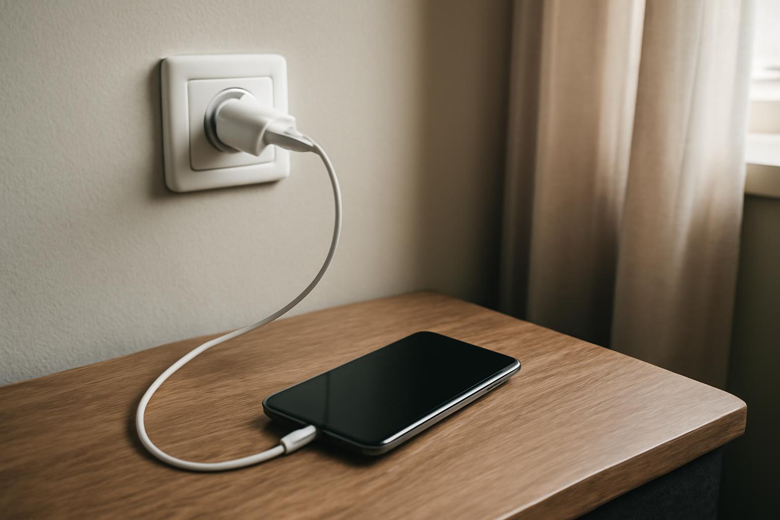 Egy telefon töltője csatlakozik a konnektorhoz, mellette egy fekete telefon.