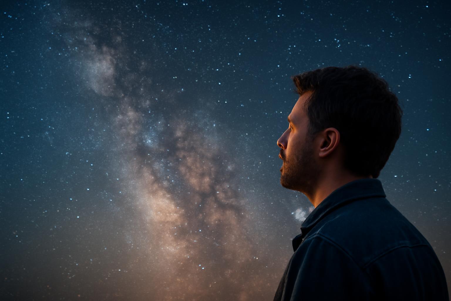 Egy férfi néz a csillagos égre, a Tejút látható a háttérben.