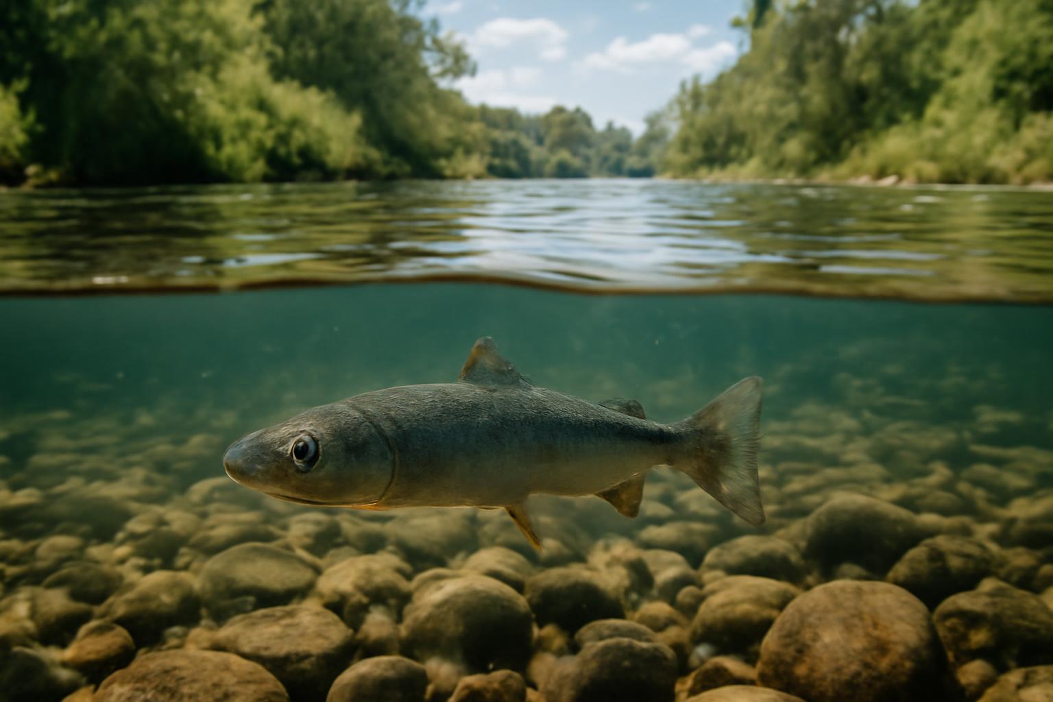 Egy hal úszik a víz alatt, a víz felszíne felett zöld növényzet látható.
