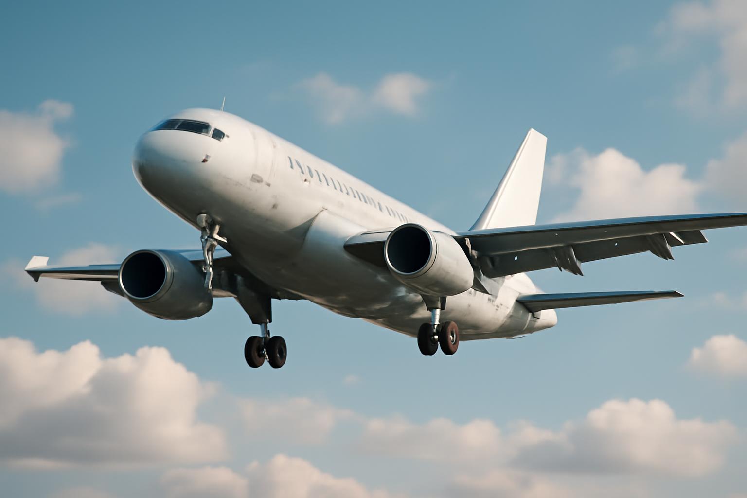 Egy repülőgép a levegőben, a felhők között, leszállásra készül.