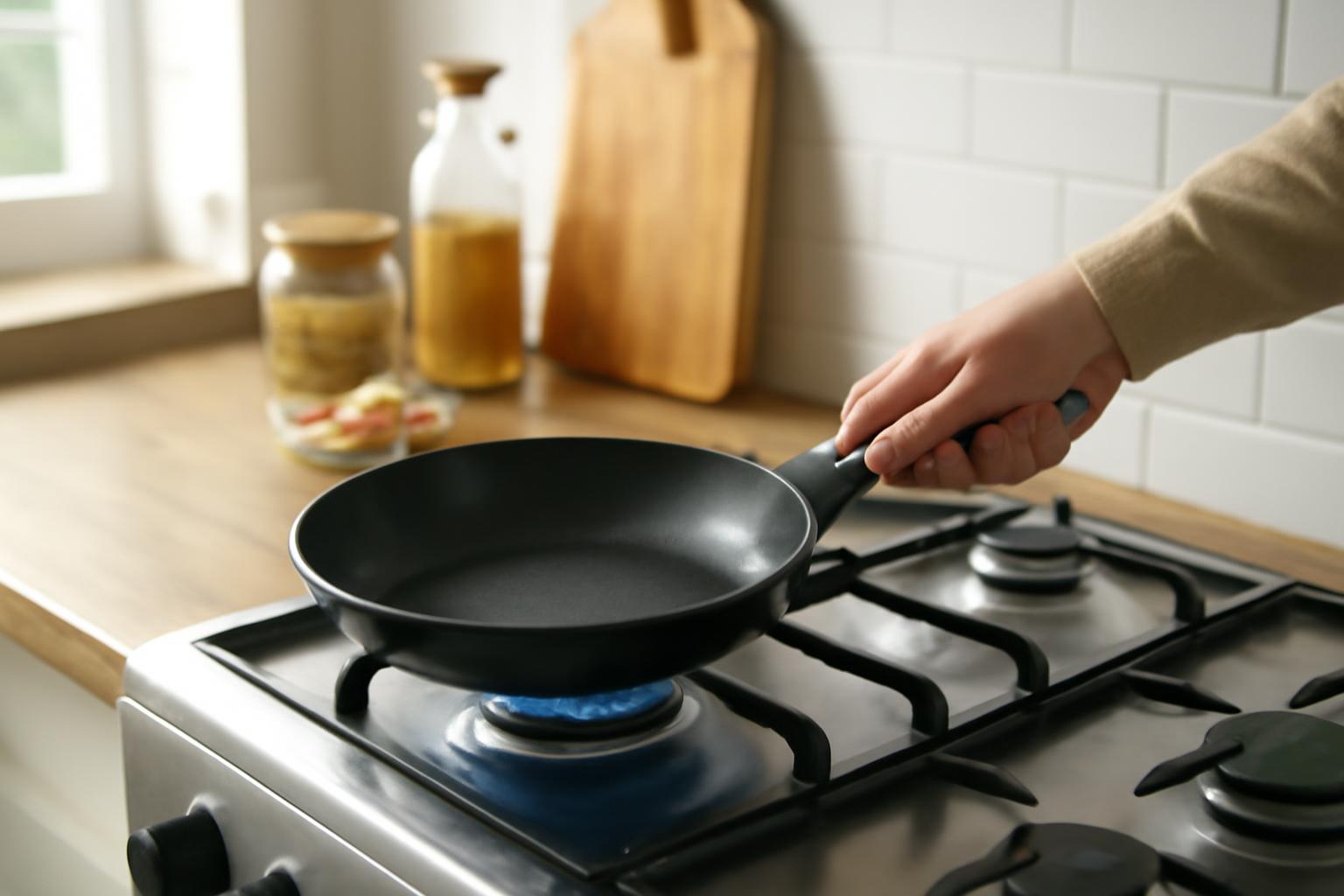 Egy kéz egy serpenyőt tart, miközben a gáztűzhelyen láng ég.