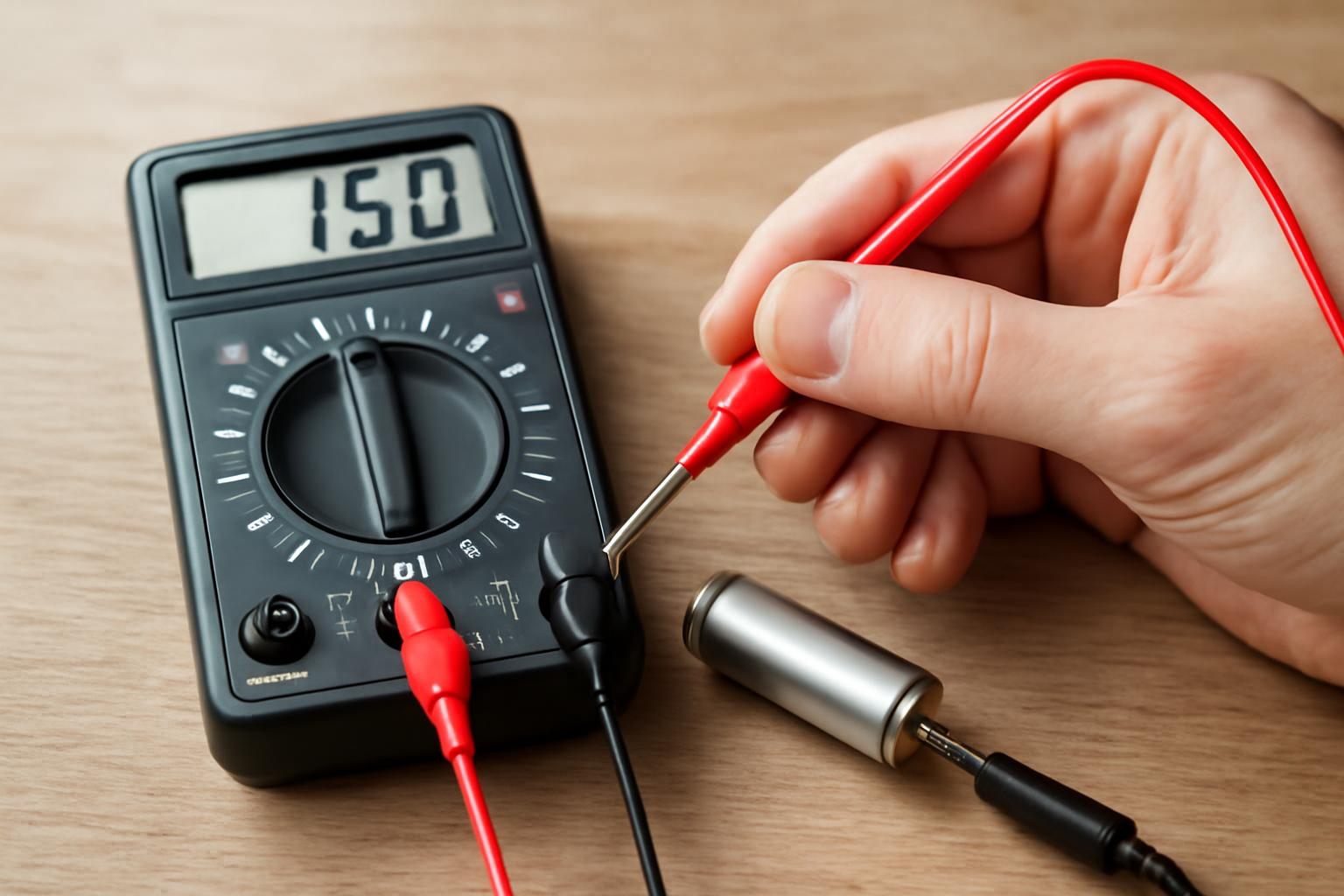 Egy kéz digitális multimétert használ, hogy mérje az elektromos feszültséget.