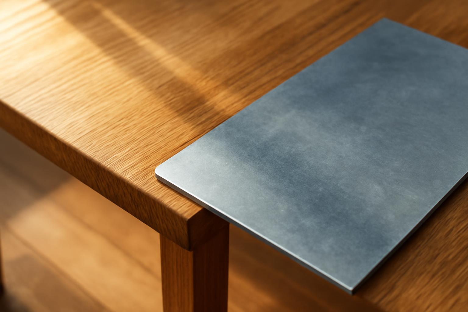 Egy fa asztal sarkán egy fém lap található, amely a hővezetés különbségét szemlélteti.