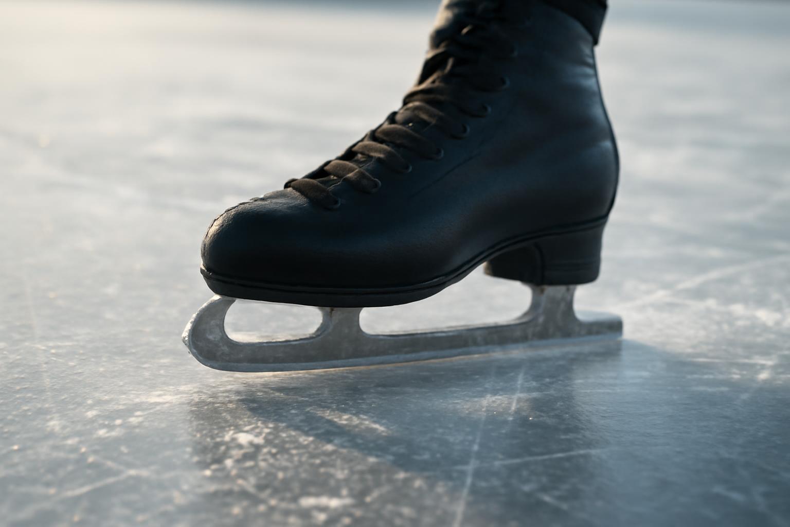 Egy fekete jégkorcsolya a jégen, amely a csúszás fizikáját szemlélteti.