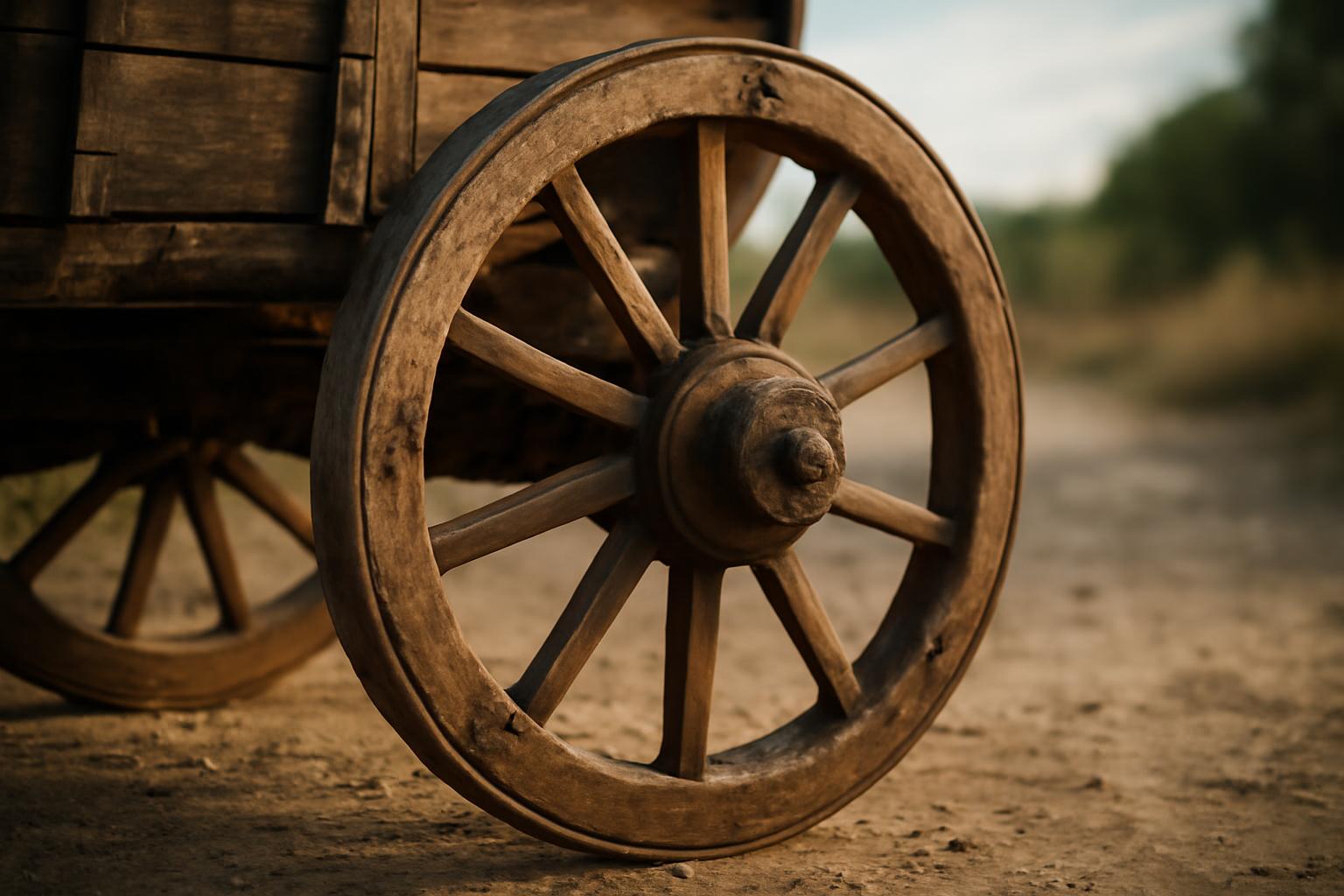 Egy régi fa kerék, amely a közlekedés és a szállítás fejlődését szimbolizálja.
