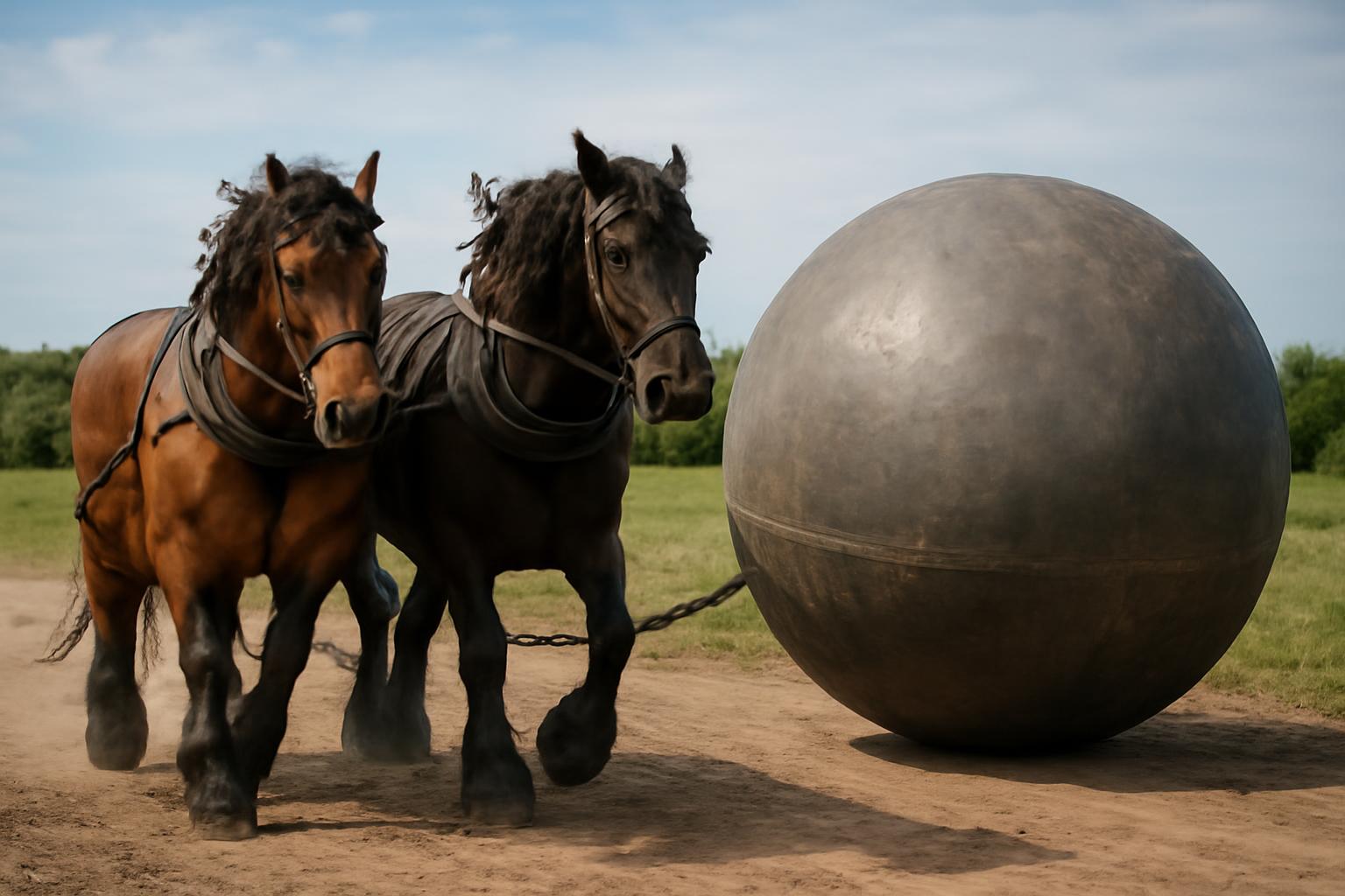 Két ló húz egy nagy fémgömböt, a vákuum erejét szimbolizálva.