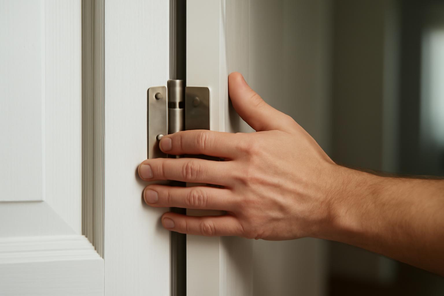 Egy kéz az ajtó zsanérjánál, próbálva kinyitni az ajtót.