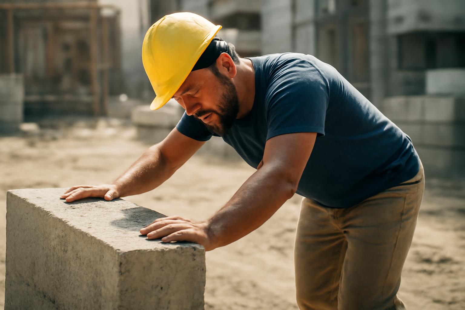 Egy férfi fáradtan támaszkodik egy falra építkezés közben, sárga sisakban.