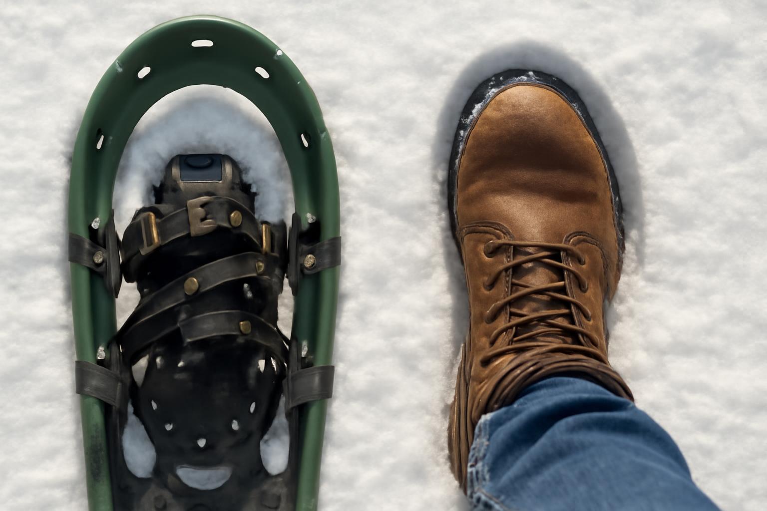 Egy hótalp és egy csizma látható a hóban, bemutatva a nyomás eloszlását.