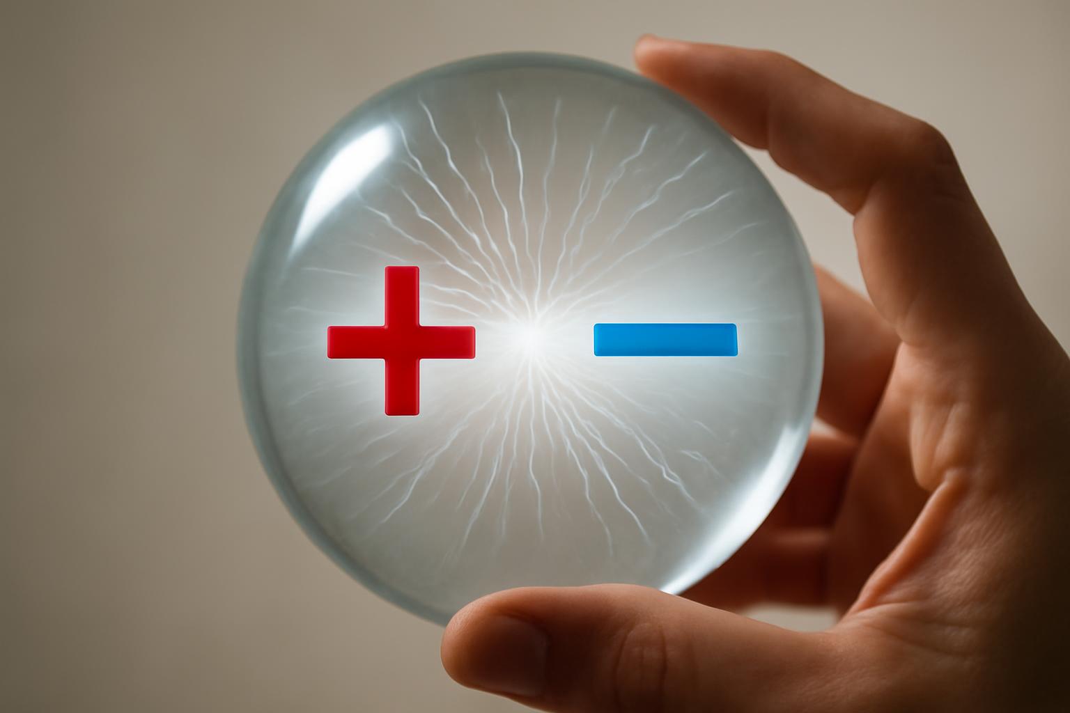 Egy kézben tartott gömb, amelyen pozitív és negatív töltések szimbólumai láthatók.