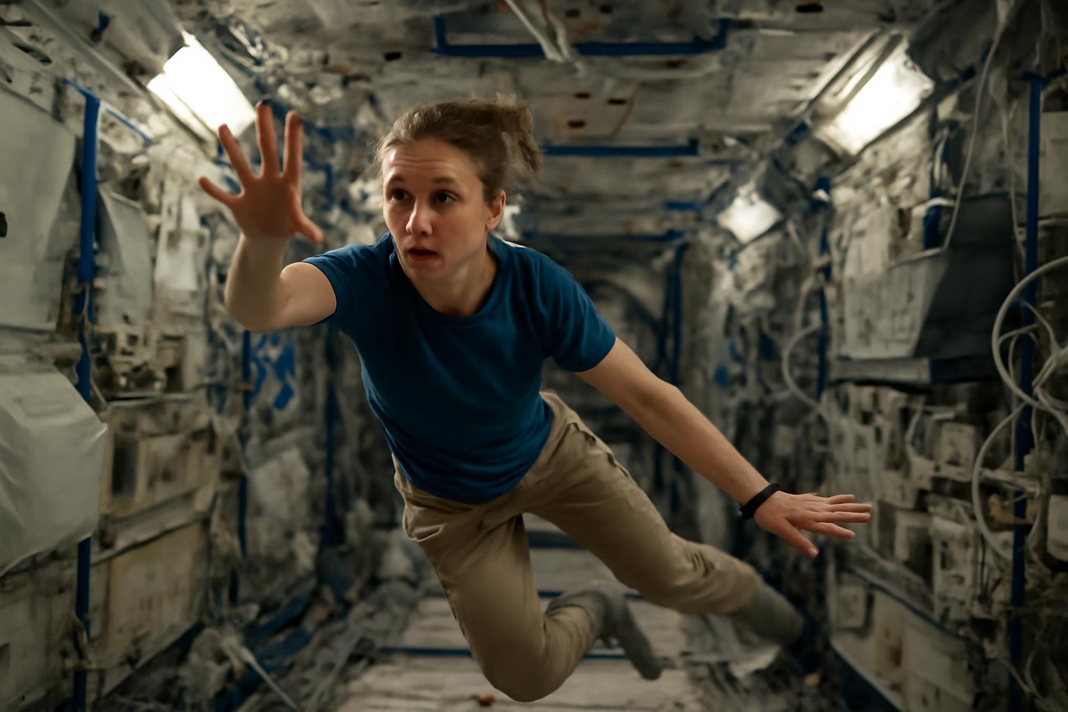 Egy űrhajós lebeg az űrállomás belsejében, súlytalanságban.