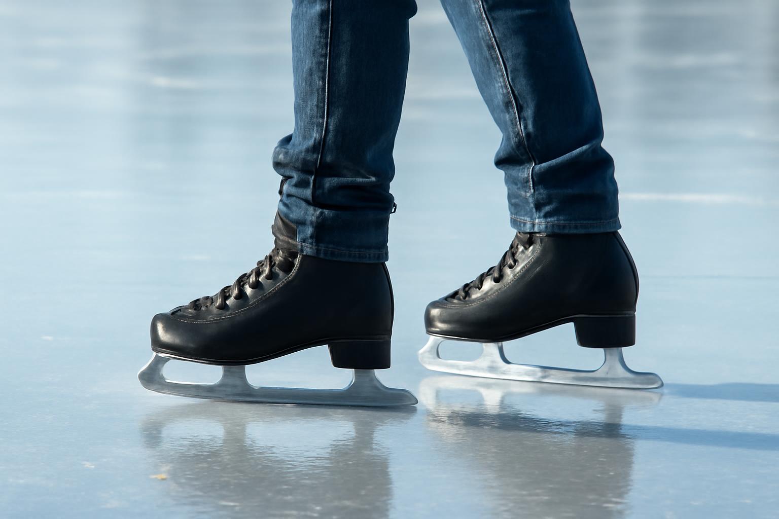 Egy korcsolyázó lábai állnak egy sima jégfelületen, korcsolyákon.