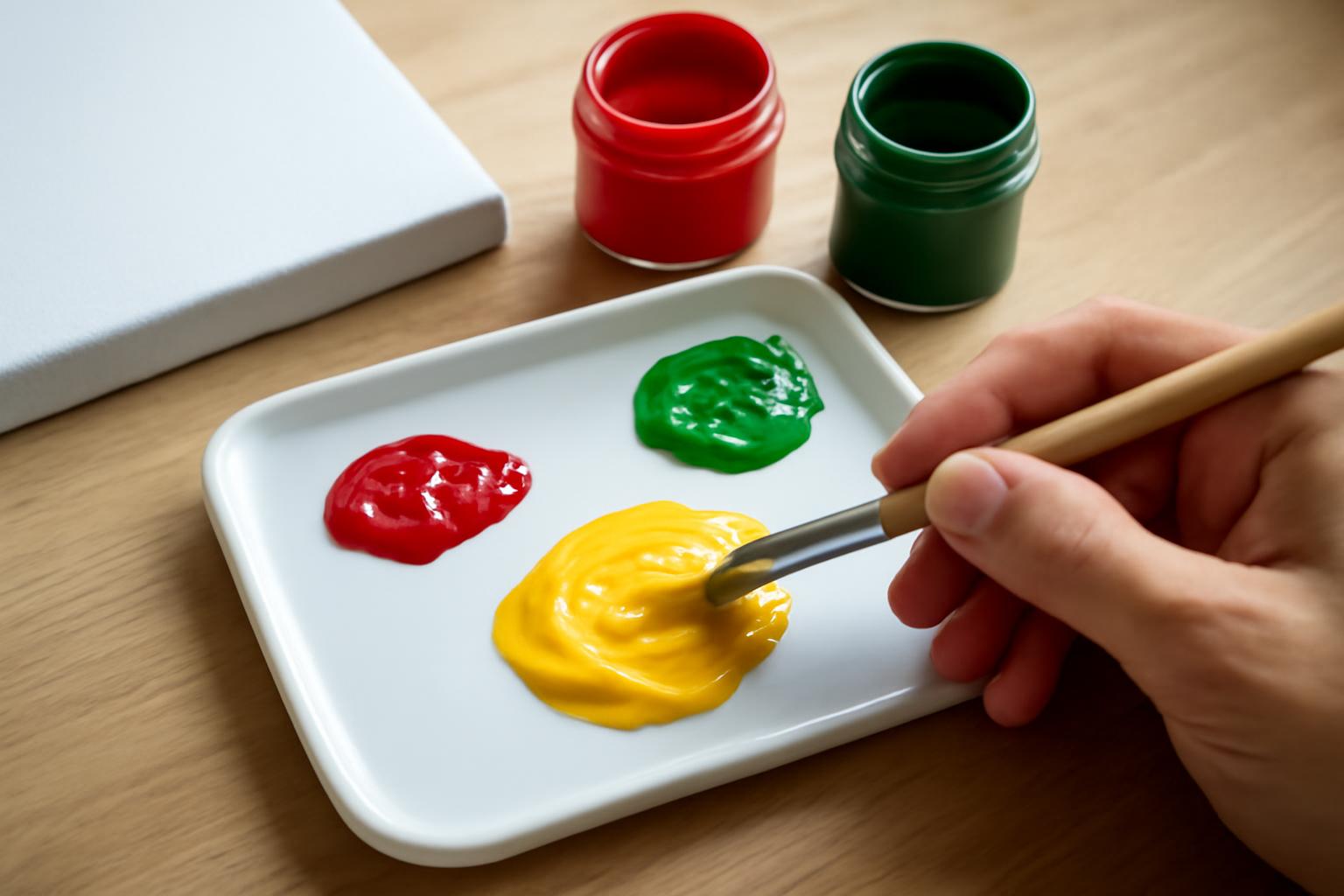 Piros, zöld és sárga festékek egy palettán, kéz ecsettel.