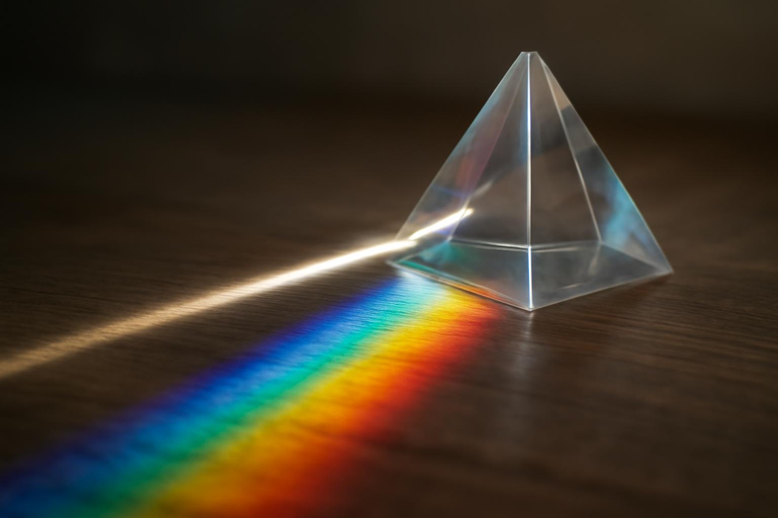 Egy üvegprizma, amelyen fehér fény halad át, színes spektrumot alkotva.