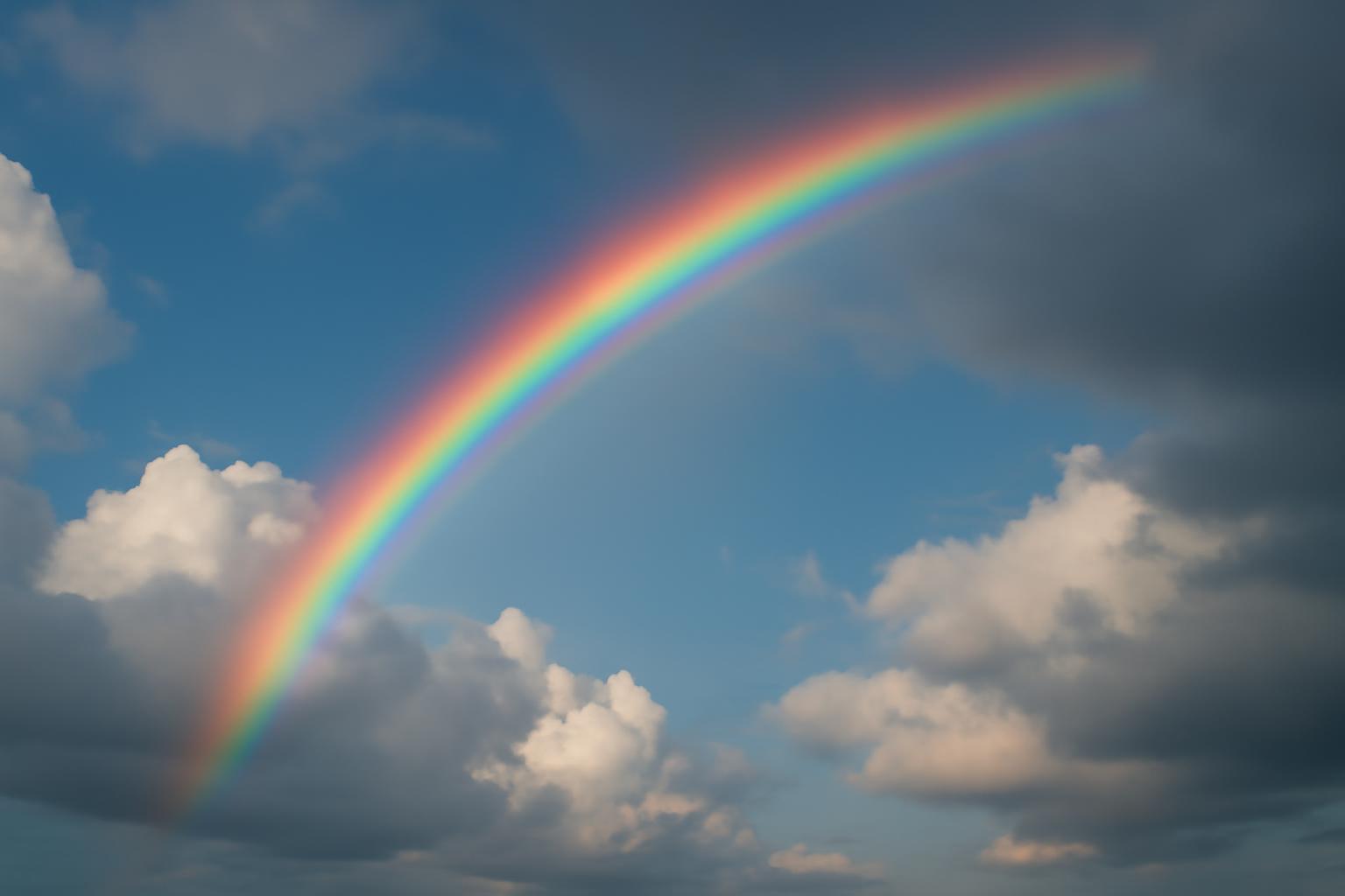 Színes szivárvány íve a felhők között, világos kék éggel.