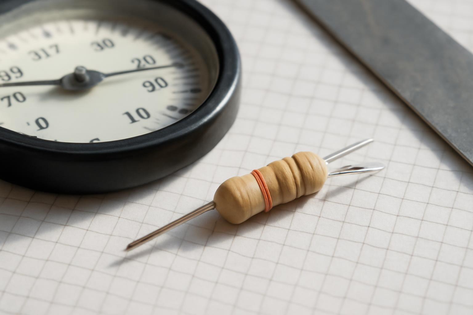 Egy ellenállás és egy hőmérsékletmérő óra látható egy négyzetrácsos papíron.