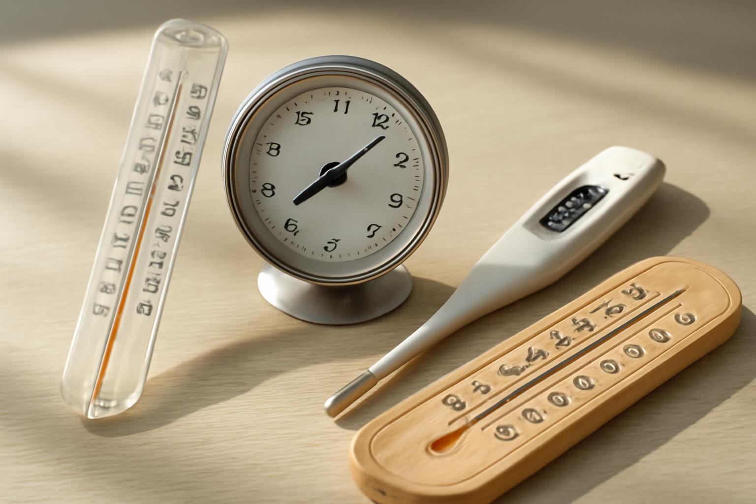 Higanyos, digitális és bimetál hőmérők egy asztalon, hőmérsékletméréshez.