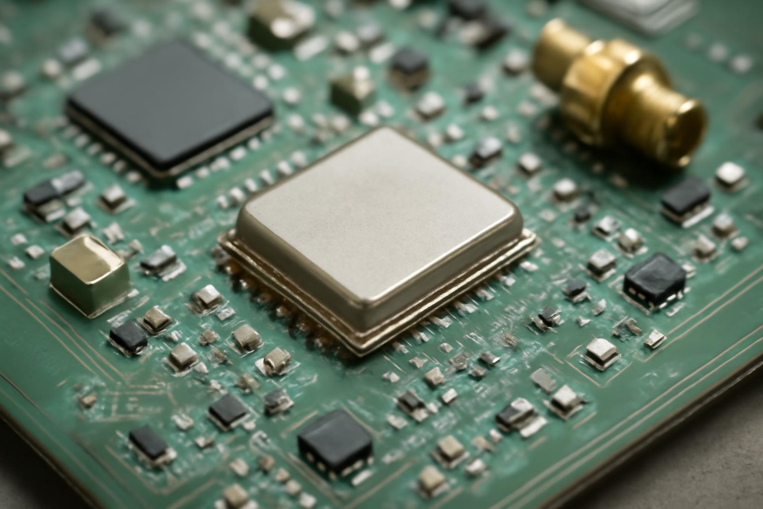 Rádiófrekvenciás áramkörök alkatrészei, mint például chip és csatlakozók.