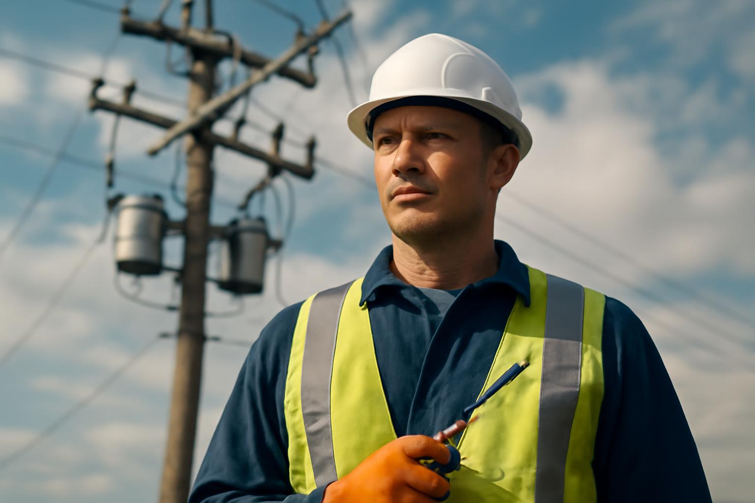 Egy munkás, aki elektromos vezetékek mellett áll, figyelmesen nézve a környezetét.
