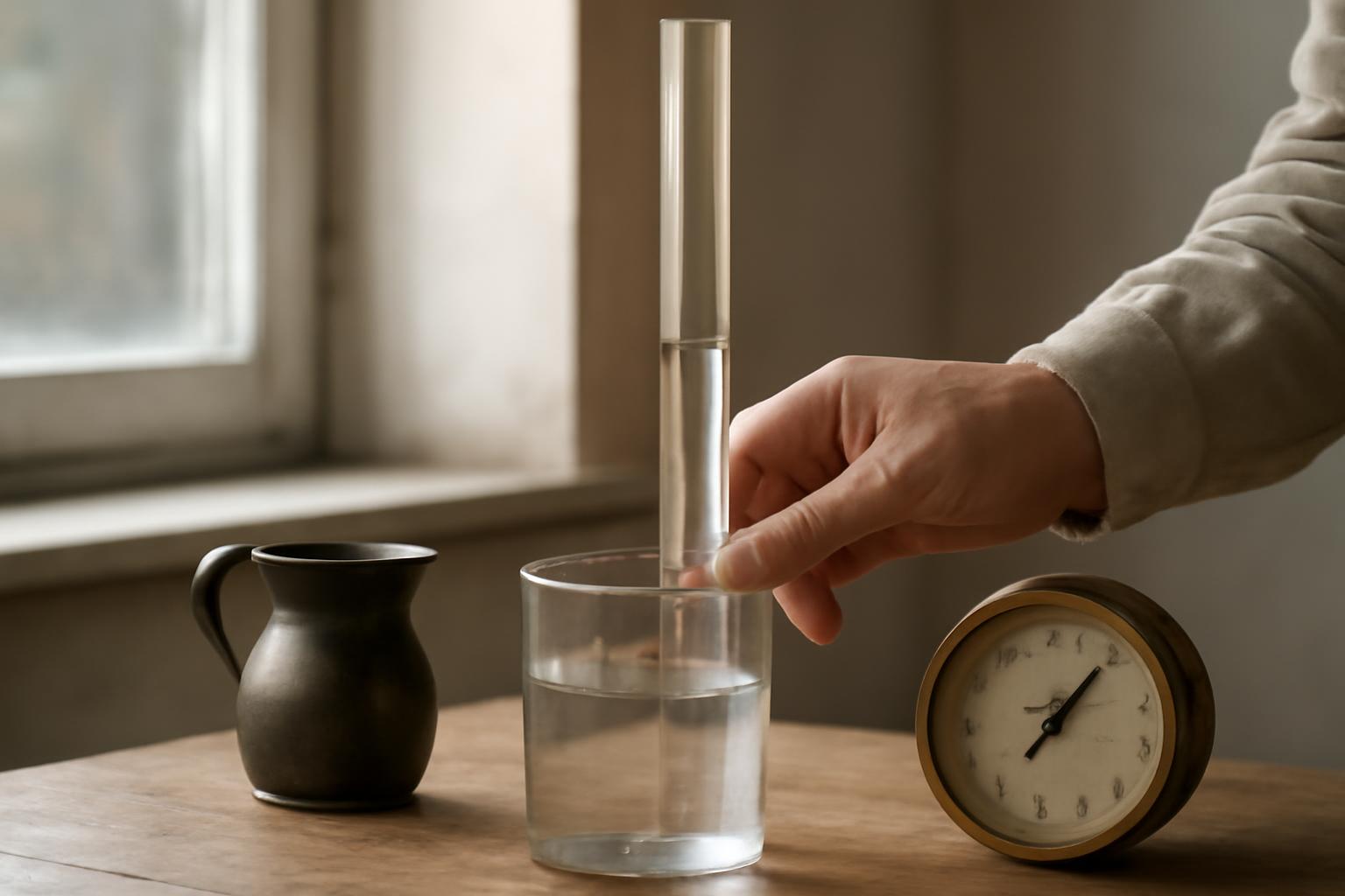 Egy kéz egy üveg vízbe merített üvegcsövet tart, bemutatva Torricelli kísérletét.