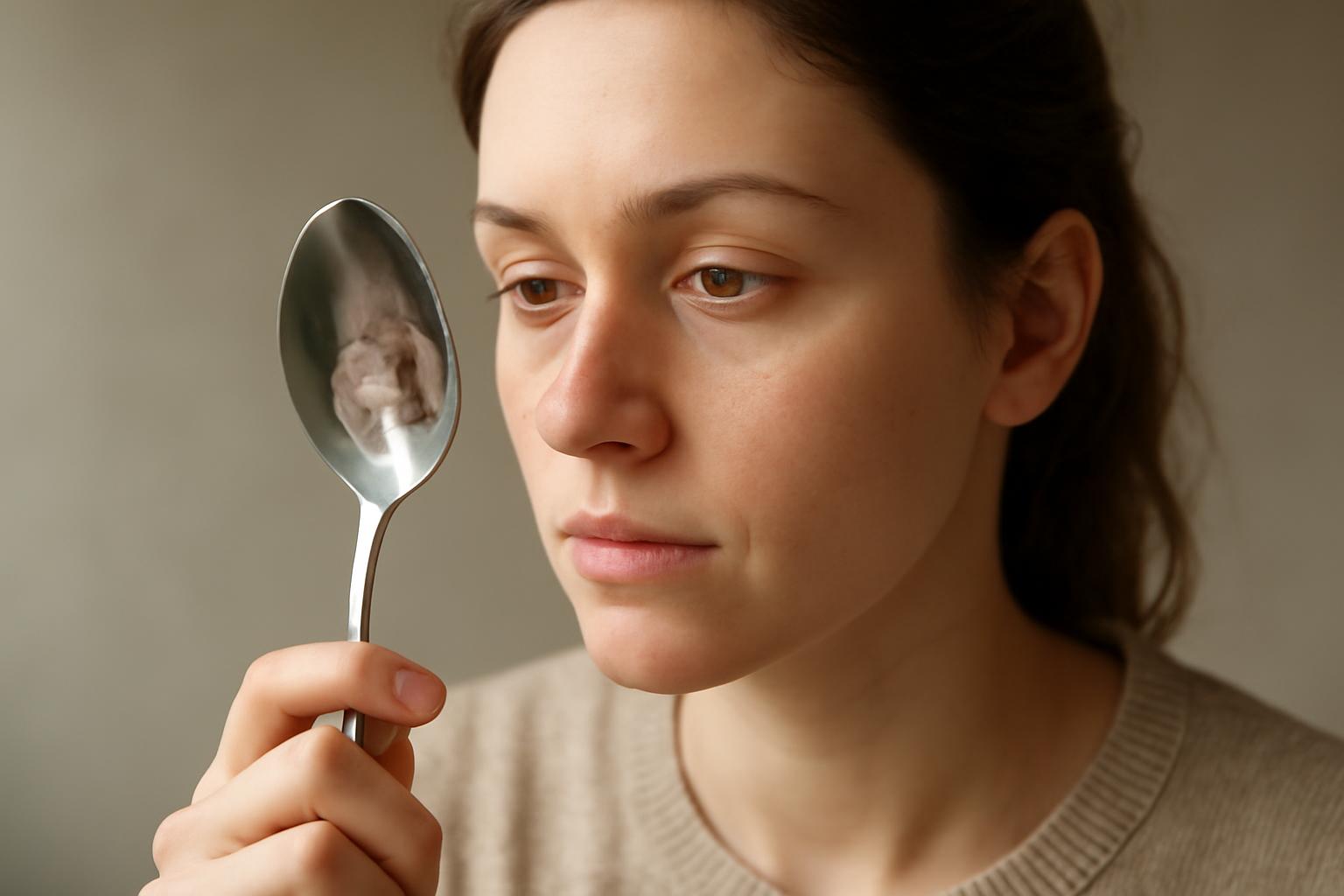 Egy nő a kanál domború felületén tükröződő képét nézi, amely fejjel lefelé látható.