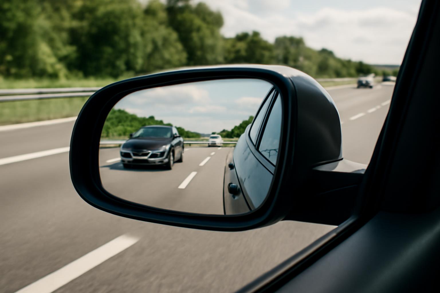 A visszapillantó tükörben látható autók az autópályán, zöld háttérrel.