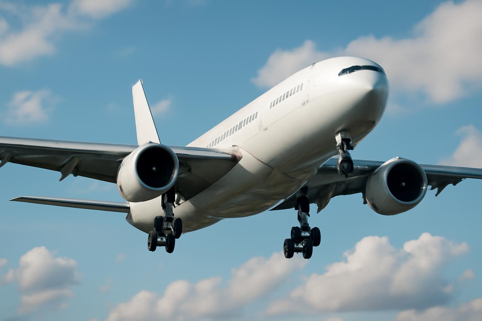 Egy repülőgép leszállás előtt, a levegőben, kék ég alatt.