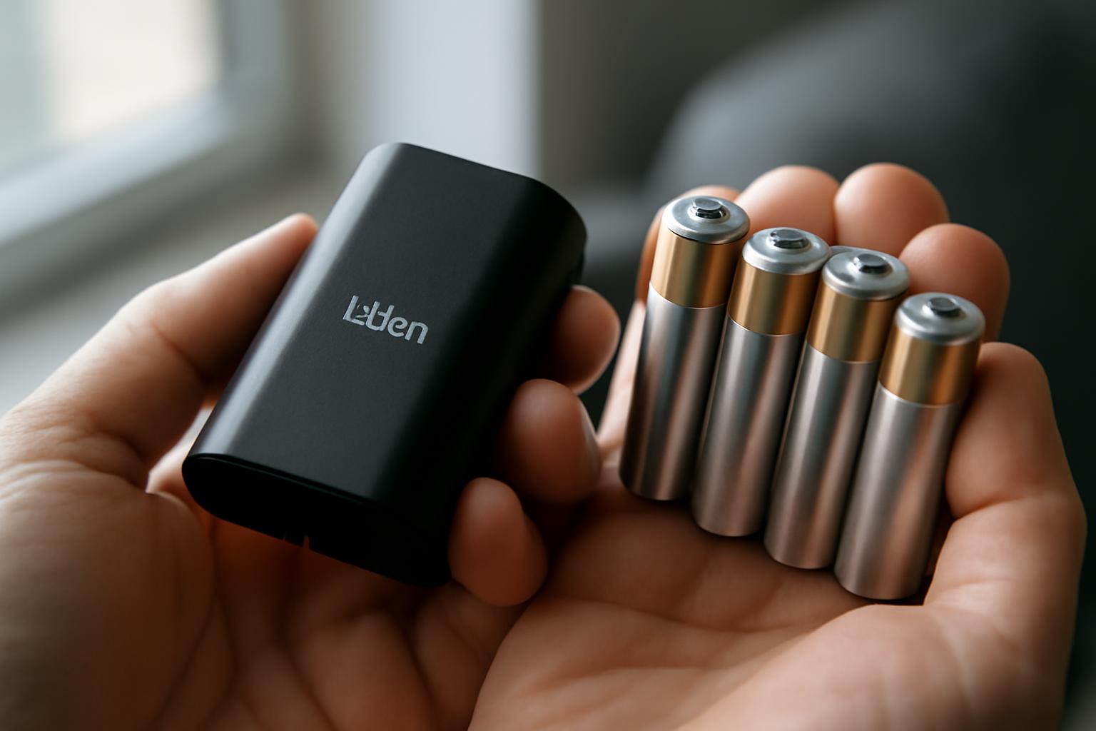 Egy kézben akkumulátorok és elemek láthatók, amelyek az energia tárolásához szükségesek.