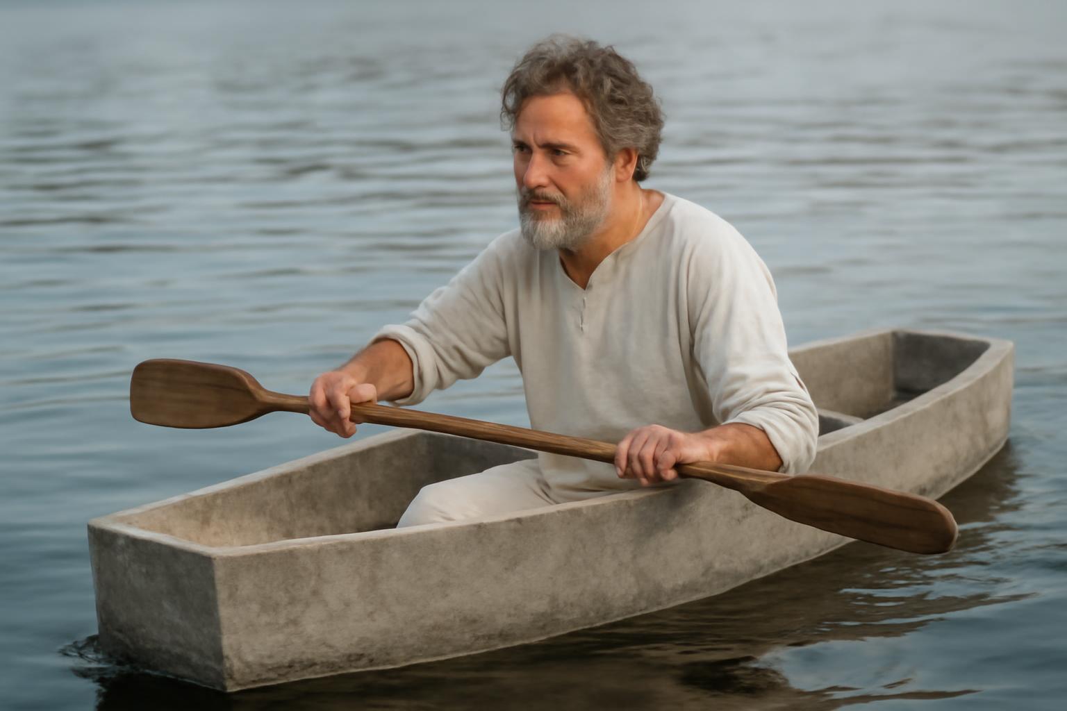 Egy férfi betonból készült kenuban evezik a vízen, Arkhimédész törvényét szemléltetve.