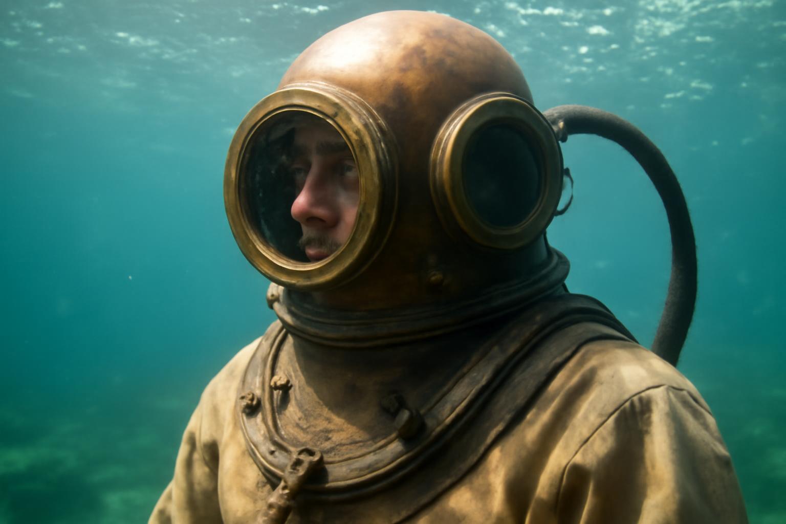 Búvárharangban lévő búvár, aki a víz alatt levegővel telt edényben van.