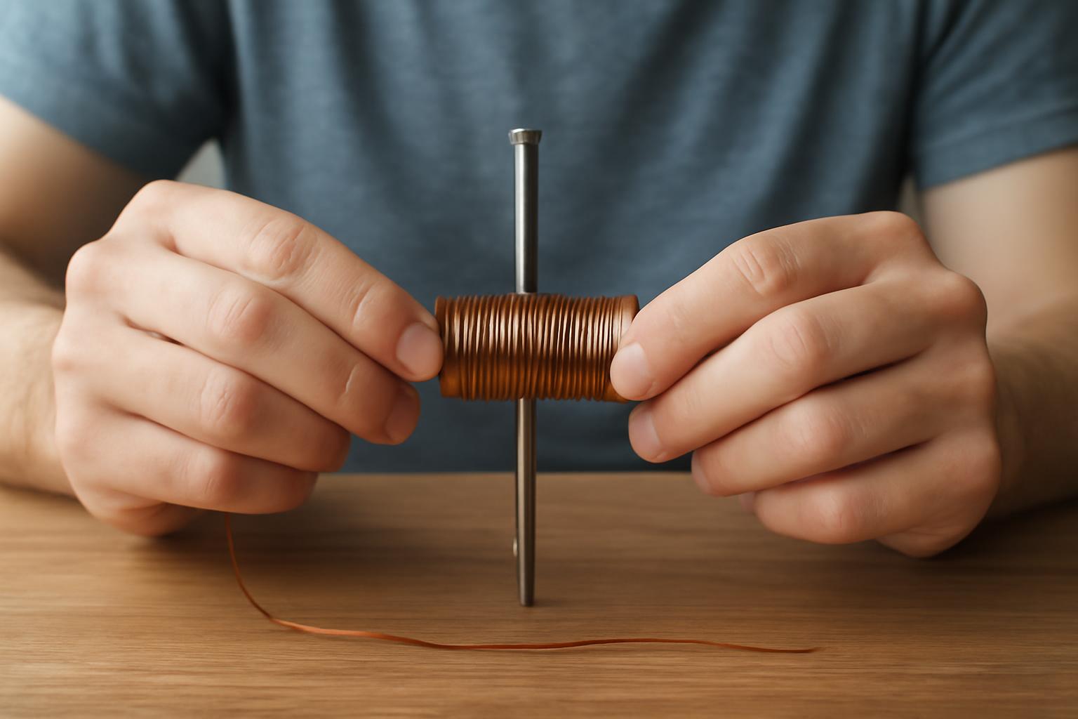 Két kéz tart egy rézdrótot, amelyet egy szög köré tekernek, elektromágnes készítéséhez.