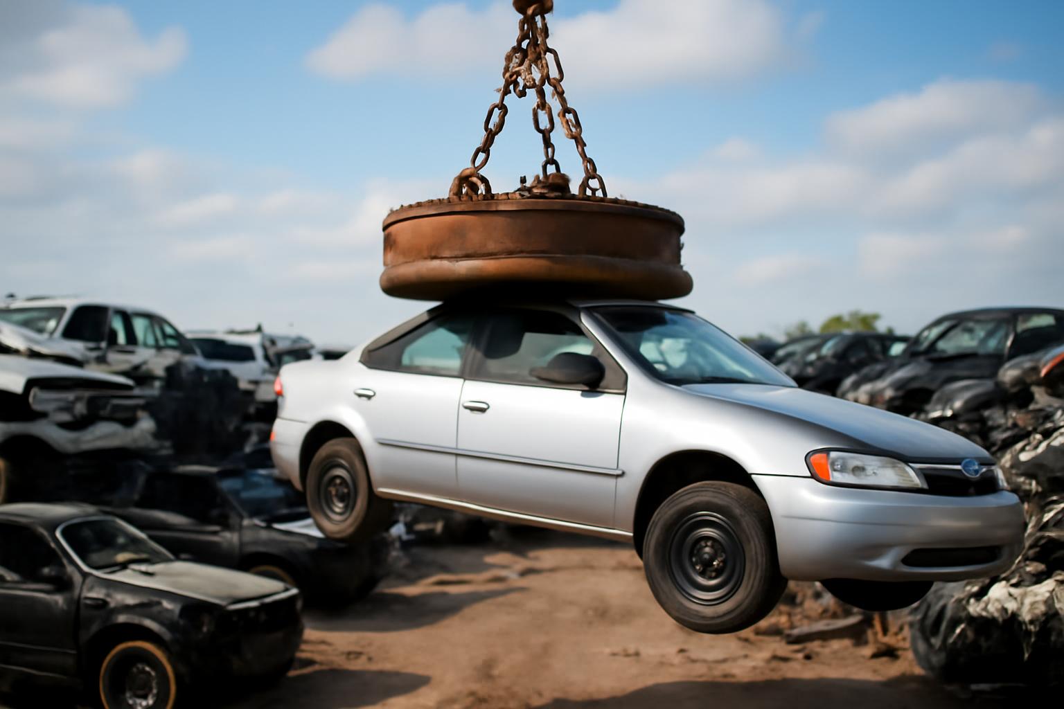 Egy ezüst autót emelnek fel egy nagy elektromágnessel a roncstelepen.